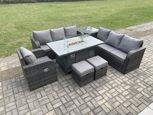 FMSGarden Rattan Outdoor Furniture Gas Fire Pit Rectangle Dining Table Gas Heater Reclining Chair 3 Seater Sofa Sets with Side Table 2 Small Footstools 9 Seater