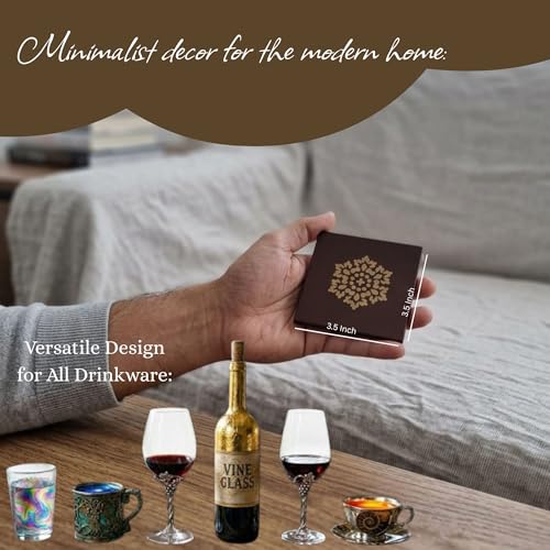 Image of Wooden Tea Coaster Square Shape-Set of 6 with Free Spoon Handcrafted Premium Hard Wood,Durable Coasters for Drinks Heat & Water Resistant,Coffee,Office Desk Home Decor Gift Item Golden Design