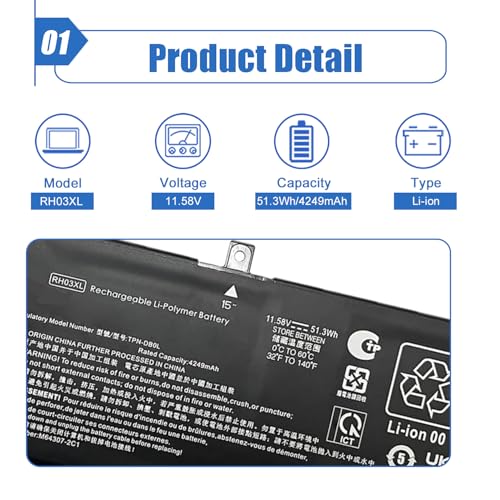 Image of 51.3Wh RH03XL Laptop Battery Replacement for HP Probook 440 445 450 455 460 465 G9 G10 G11 Series EliteBook 640 650 655 G9 G10 Series HSTNN-LB9D M75017-AC1 11.58V 4249mAh