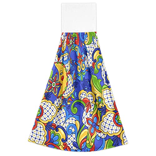 Kigai Mexican Talavera Hanging Tie Towels Set of 2, Absorbent Hand Towels Tea Bar Dish Dry Towels for Kitchen Bathroom Home Decor, 14 x18.2 inch