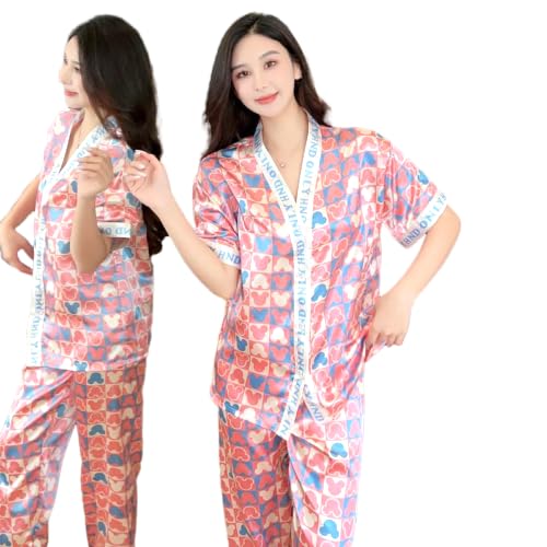 JJ's Imported Summer Ice Silk Thin & Light Weight Silky Smooth and Cool Cardigan Style Women's Pajama Set, Night Suit, Cord Set, Loungewear and Suitable for Outdoors.