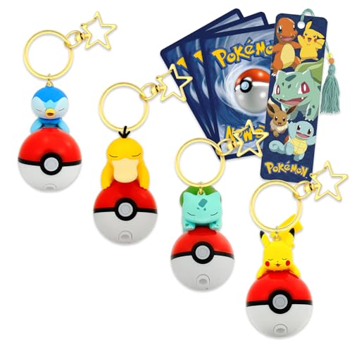 Pokemon Keychain Set - 4pc Bundle of 3D Character Figure Light Up Keyrings: Pikachu Bulbasaur Psyduck Piplup Plus Bookmark More Keyrings Pack
