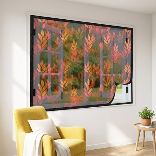Image of LifeKrafts Standard Size Pre-Stitched Polyester Window Mosquito Net with Self-Adhesive Hook Tape|Easy DIY Installation|Washable & Durable Mesh|180x150cm /71x59Inches /5.91x4.92 Feet|Leaf Pattern -Black