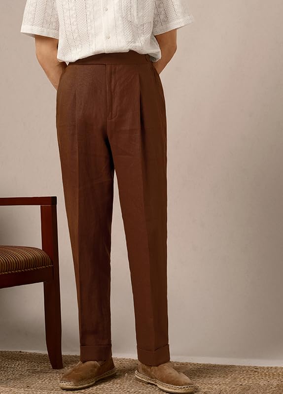 Men's Retro Linen Gurkha Trousers Lightweight Tapered Leg Flat Front Chino Pant Summer Pants2