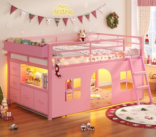 ADORNEVE Low Loft Bed Twin Size with Tent, 5 Storage Drawers, LED Lights, Metal Kids Loft Bed with Bookcase & Under-Bed Play Space,Twin Loft Beds with 13.8''H Safety Guardrail,Inclined Ladder, Pink