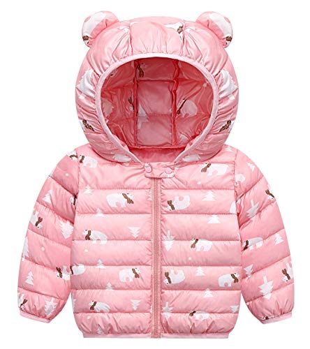 FEOYA Baby Winter Cute Coat Snow Down Jacket Ear Hooded Outwears Bubble Jacket Pink 12-18 Months