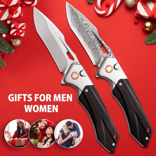 Image of LOTHAR LICH KING Damascus Pocket Knife for Men, Damascus Folding Knife | Handmade Forged VG10, G10 Handle, Father Day Gifts for Men Cool EDC Knives, Pocket Clip, Pocket Knife for Camping Box Cutter