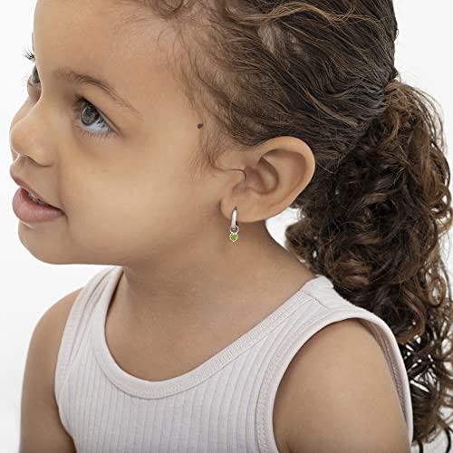 Image of In Season Jewelry Simulated Birthstone Heart Charm Girls Hoop Earrings for Kids - 925 Sterling Silver Little Girl Hoop Earrings - Hypoallergenic & Comfortable with Secure Latch Closure