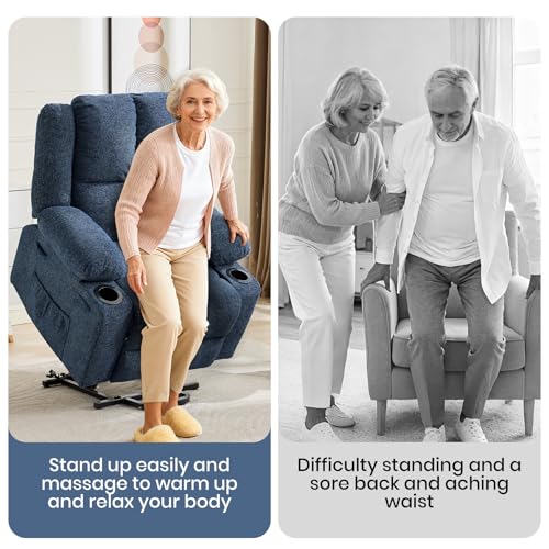 Image of Oversized Linen Power Lift Recliner for Elderly | Electric Stand Assist Chair with Massage Heat & 2 Cup Holders | 155 Lay Flat Recliner for Living Room,Dark Blue