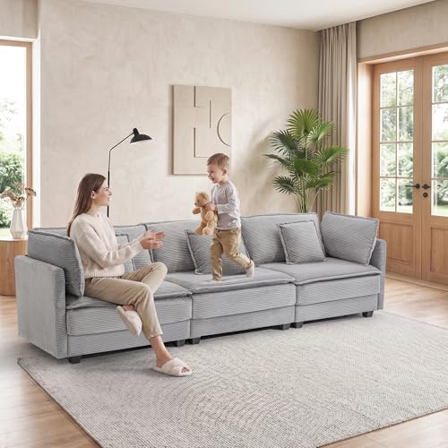 Image of Corduroy Sectional Couch, 3 Seater 113 inch Cloud Couch, Modular Deep Seat Sofa with Pillows for Living Room, Apartment, Lightgrey
