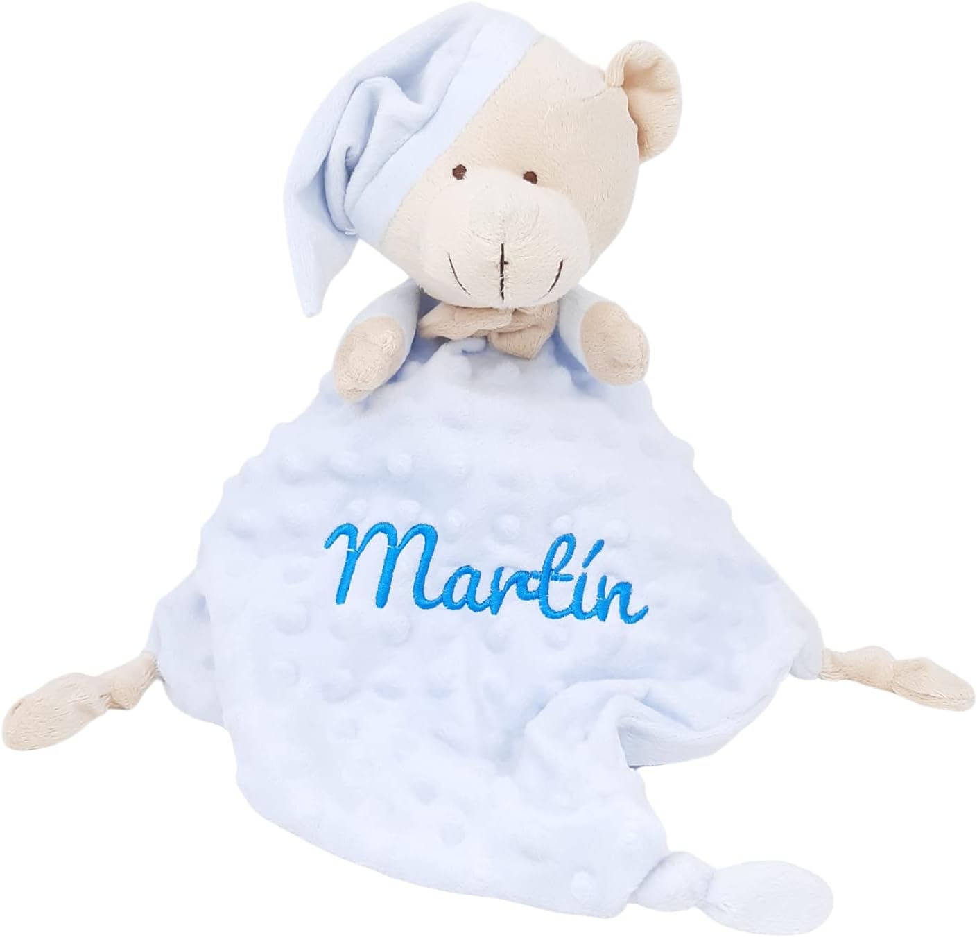 Dou dou para bebé con Cabeza de Osito, Mantita de apego Textura Burbujas para el recién Nacido, Bordado Personalizado con el Nombre del bebé. (Celeste)