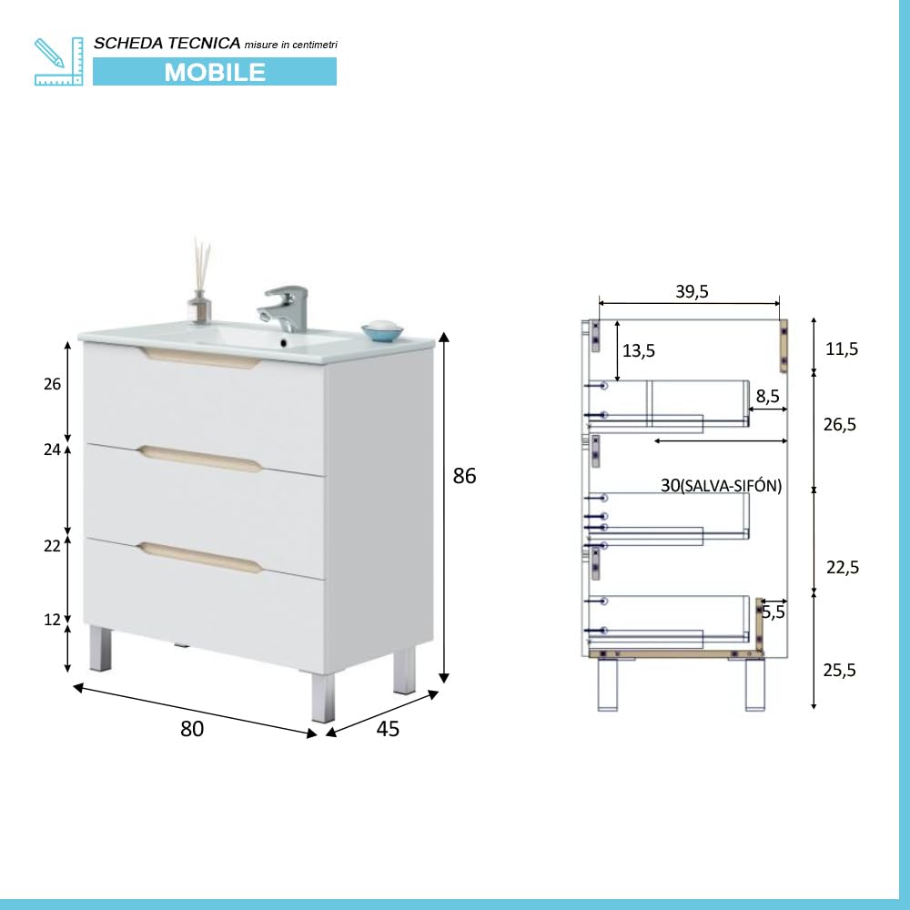 Mobile Bagno A Terra Da 80 Cm In Legno Bianco Lucido E Rovere Linea Brillo Con 2 Cassetti Dalla Chiusura Soft-Close, Completo Di Lavabo E Specchio