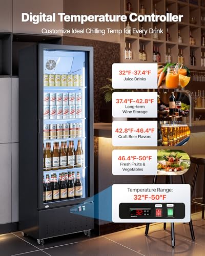 Image of VEVOR Commercial Merchandiser Refrigerator, 12.7 Cu.Ft / 360 L Glass Door Display Refrigerator, Upright Beverage Cooler Fridge with 4 Adjustable Shelves, Soft LED Light & Casters for Homes Shops Bars