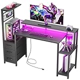Korfile 48 Inch Gaming Desk with LED Lights & Power Outlets,Computer Desk with Fabric Drawers & Side Hook,Reversible Gamer Table with Monitor Stand for Game Room,Home Office,Carbon Fiber Black