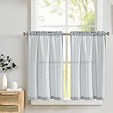 Lazzzy Kitchen Curtains Linen Striped Blue Tier Cafe Curtains for Bathroom Kitchen Farmhouse 24 Inch Length Rod Pocket Window Treatment Tiers 2 Panels Set Blue on Beige