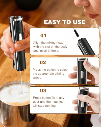 Image of 3-Speed Rechargeable Milk Frother Handheld with Stand & 3 Whisks, Dual Coil Whisk Coffee Frother Handheld - Electric Frother Wand for Coffee Matcha Cappuccino, Kitchen Gift Set, Black