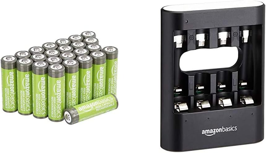 Amazon Basics AA High-Capacity Rechargeable Batteries 2400mAh (24-Pack) Pre-charged & Rapid USB Charger - Black