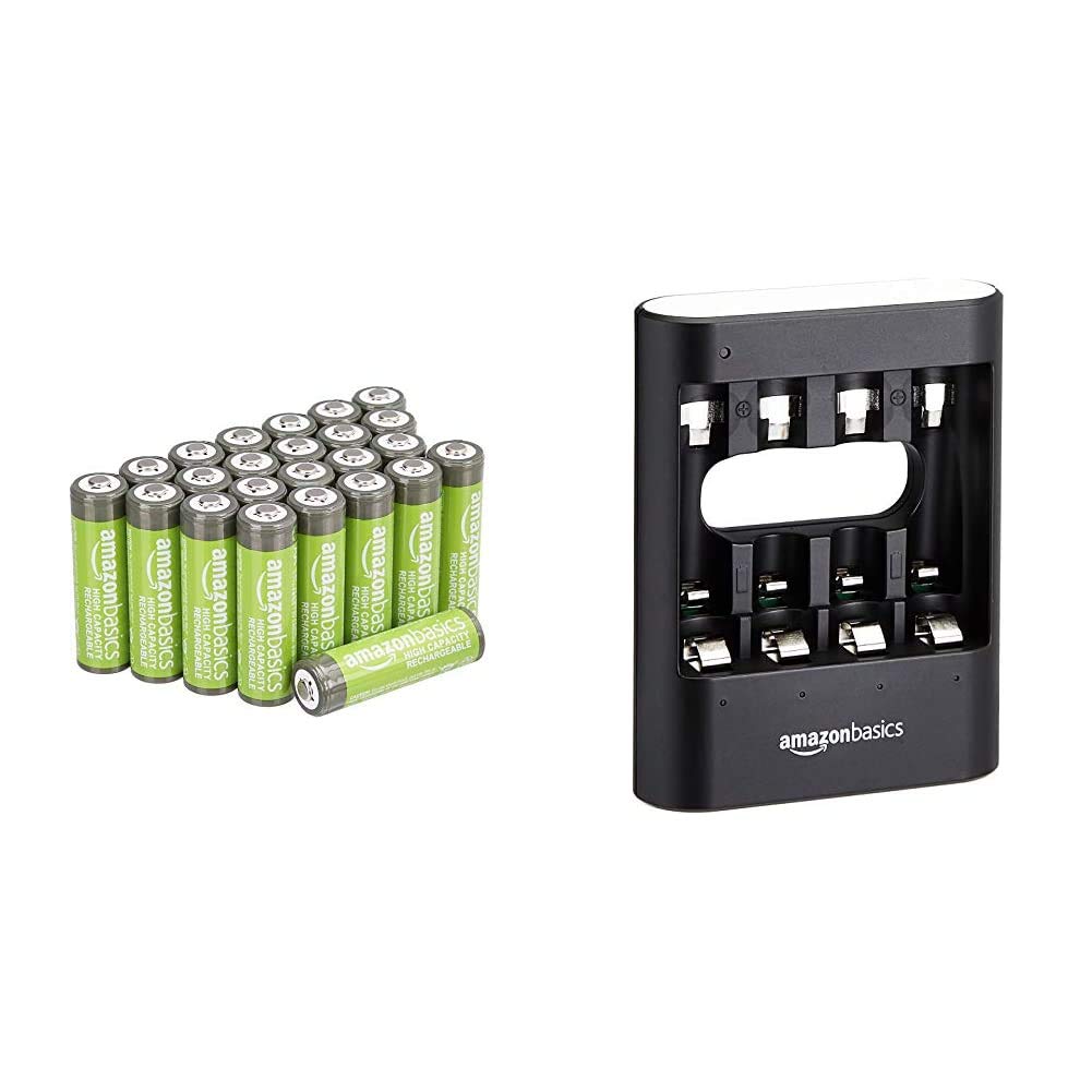Amazon Basics AA High-Capacity Rechargeable Batteries 2400mAh (24-Pack) Pre-charged & Rapid USB Charger - Black