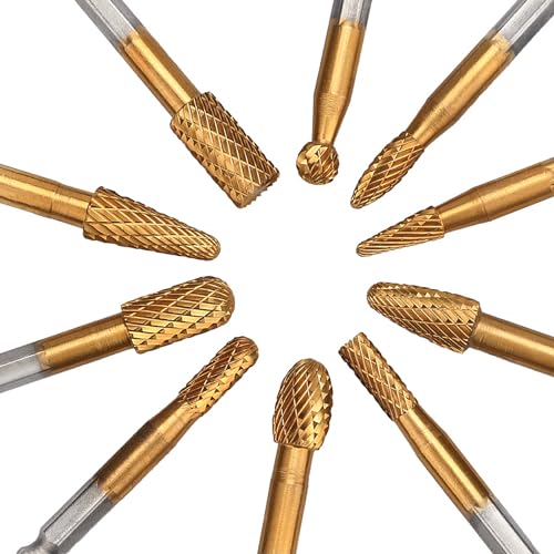 Image of 10 Pieces Set Carbide Burr Set with 1 /4 inch Hex Shank,Double Cut Tungsten Carbide Rotary Burr Set for DIY Grinder Metal Wood Carving Engraving Polishing Drilling Grinding Milling Cutting