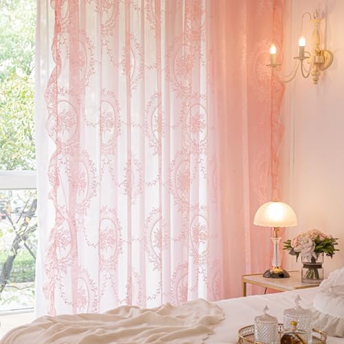 Deeprove Pink Lace Curtains 84 Inches Long 2 Panels Set,