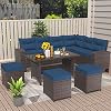 7 Pieces Outdoor Patio Furniture Set with Dining Table Outdoor Dining Set Sectional Sofa Brown Rattan Patio Conversation Set with Dark Blue Cushions and 3 Ottomans