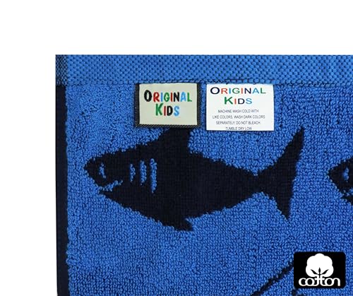 Image of ORIGINAL KIDS Wash Cloth - Bath Time Shark Attack Set of 12 Washcloths - 100% Cotton Jacquard Super Soft Colorful Absorbent Quick Dry Easy Care Face Towel Face Cloth Gift - 12 x 12 - Navy Blue