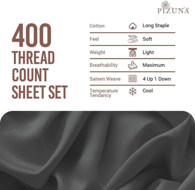 Pizuna Pure 100% Cotton Sheets Full Size, Luxurious 400 Thread Count Long Staple Cotton Sateen Sheets with 15inch Deep Pocket (Combed Dark Grey Sheet Full) - Image 4