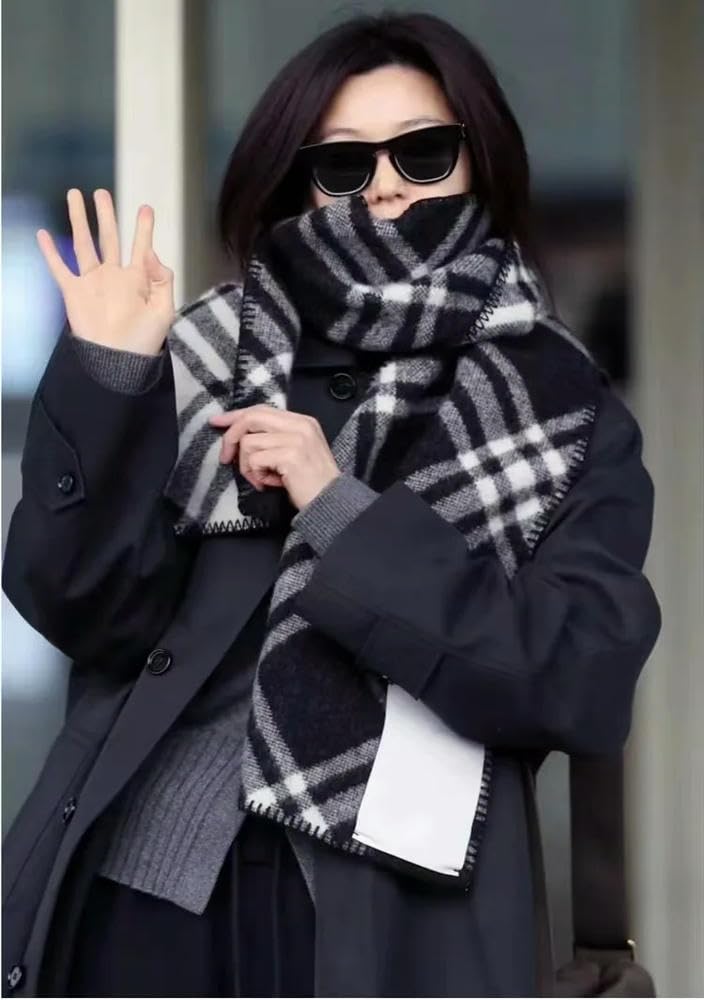 Bufanda Tipo Chal de Lana de Doble Cara con Rejilla de Diamantes Mujer, otoño e Invierno, sensación de Alta Gama, Famosa en Internet