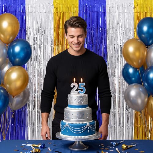 Image of TONIFUL 2Pcs Blue Silver Gold Metallic Tinsel Foil Fringe Curtain Streamers | 3.3ftx6.6ft Photo Booth Backdrop Door Streamer, Props for New Year Eve Birthday Graduation Retirement 80s 90s Party Decor