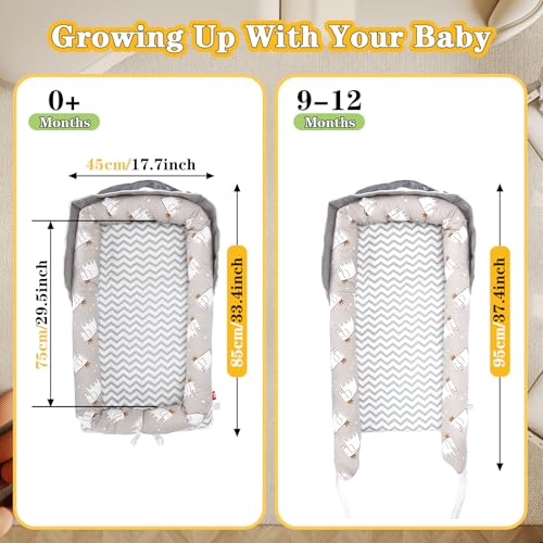 Image of Baby Lounger 0-24 Months,Portable Baby Lounger for Newborn Breathable Cotton for Home and Travel with Strap,Infant Lounger Adjustable Size,Elephant Grey