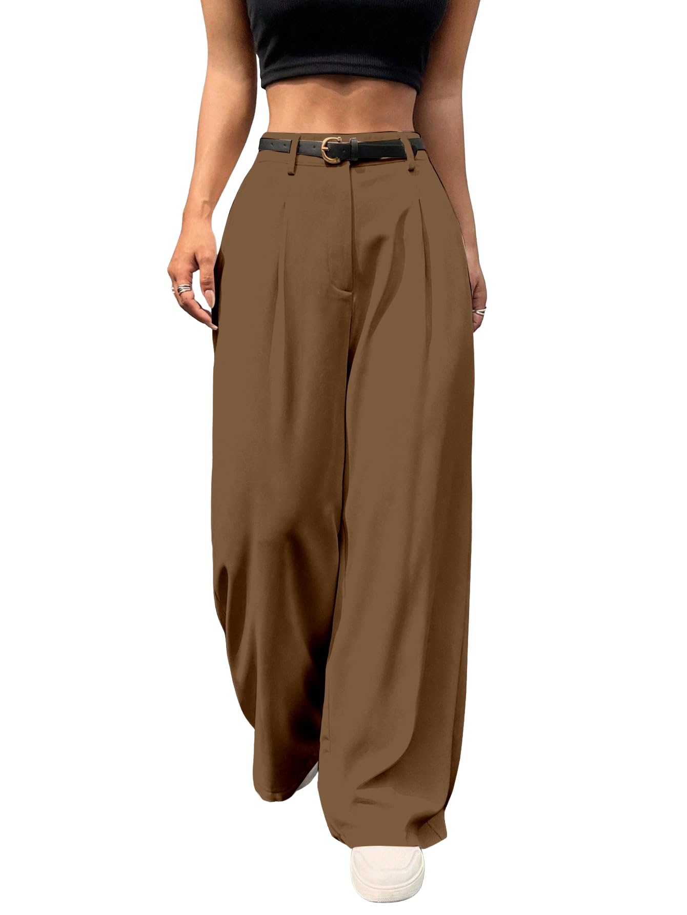aahwan Brown Solid High Waist Korean Loose Pleated Wide Leg Pants & Trouser for Women's & Girl's(296_Brown_36)-picture-34