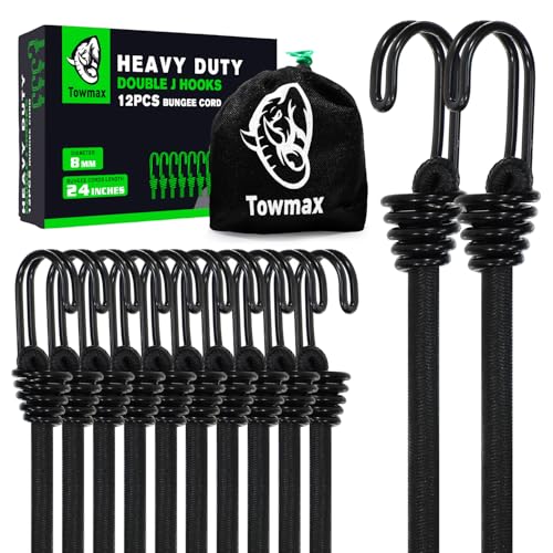 Towmax 24 Inch Bungee Cord with Hooks Bungee Cord Heavy Duty Outdoor No Odour Industrial Grade Bungie Cord for Camping Kayaking or Fastening Items 12 Pcs (Black)