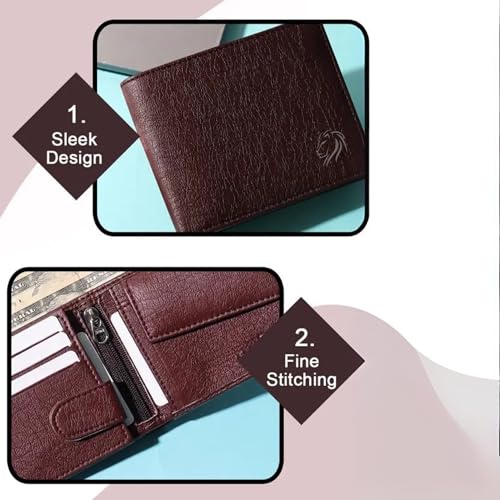 Image of VEMILIO Vegan Leather Wallet for Men with ID Window, Coin Pocket, Zipper Pocket & Multiple Card Slots | Bi-Fold Gents Purse with Currency Compartments | Slim Stylish Men's Wallet (Brown)