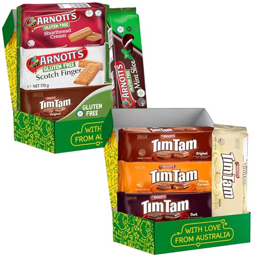 Gluten Free Biscuit Variety Pack + Tim Tam Cookies Gift – 8 Full-Size Packs Featuring Tim Tam, Scotch Finger, Mint Slice, Shortbread Creams & Chocolate Biscuit Assortment – Authentic Australian Cookie