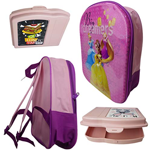 Bundel: Mochila infantil con diseño 3D de princesa y fiambrera  de