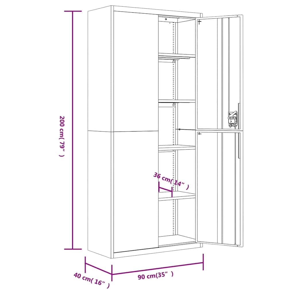 Armadietto da ufficio in acciaio, 90 x 40 x 200 cm, con 4 ripiani, chiudibile, spazio sicuro per ufficio, casa, studio, documenti, cartelle, cartelle sospese, metallo grigio chiaro