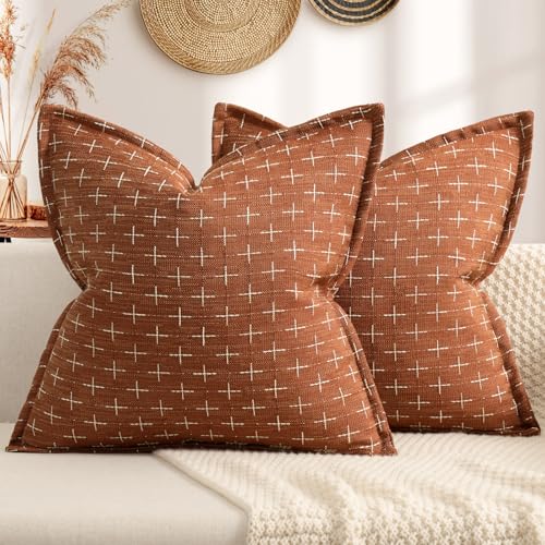 ZWJD Fall Pillow Covers 18x18 Set of 2 Soft Polyester Textured Rust Pillow Covers with Stylish Flange Edge Cozy Farmhouse Throw Pillows for Couch Bed Sofa Living Room Fall Decor