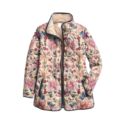 YIZITU Women's Puffer Coat, Hooded Quilted Winter with Floral Print, Front Buttons & Side Pockets Long Puffer Coat