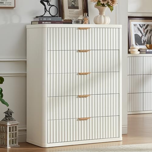 Image of LEYAOYAO Fluted 5 Drawers Dresser for Bedroom, 41 inch Tall Modern Chest of Drawers with Metal Handle, Curved Profile Farmhouse Closet Organizer Wood Dressers TV Stand for Living Room,Antique White