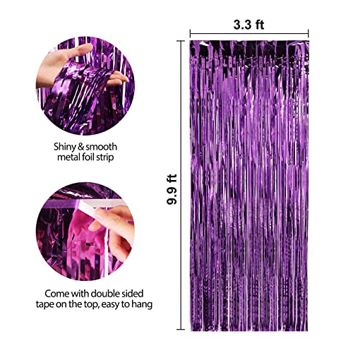 Image of Crosize 3 Pack 3.3 x 9.9 ft Purple Foil Fringe Backdrop Curtain, Streamer Backdrop Curtains, Streamers Birthday Party Decorations, Tinsel Curtain for Parties, Galentines Decor