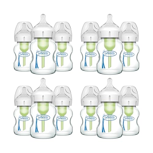 Image of Dr. Brown's Anti-Colic Options+ Wide-Neck Glass Baby Bottle, 5 oz /150 mL, with Level 1 Slow Flow Nipple, 0m+, 3 Count (Pack of 4)