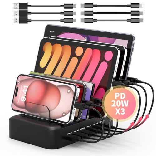 MSTJRY 90W 6-Port USB C Fast Charging Station for Multiple Devices, Multi PD Charger Station for iPhone iPad Tablet Phone, Charging Dock Organizer wit