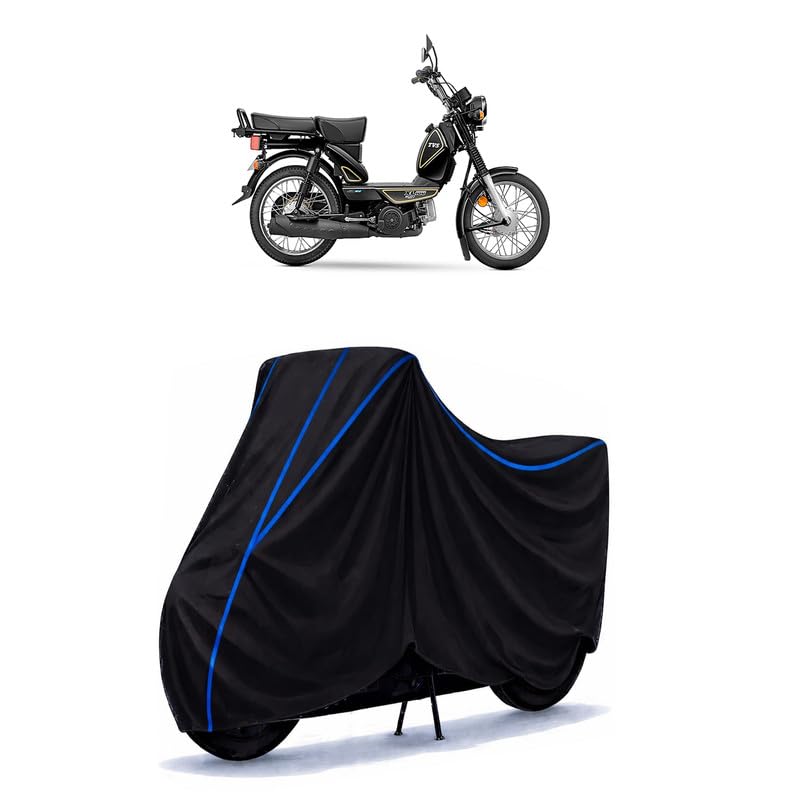 Image of TVS XL Super Bike Cover Water Resistant Universal Motorcycle Rain | Heavy Duty UV Protection, Dust, Scratch Indoor Outdoor All Weather with Black Blue Piping Elastic