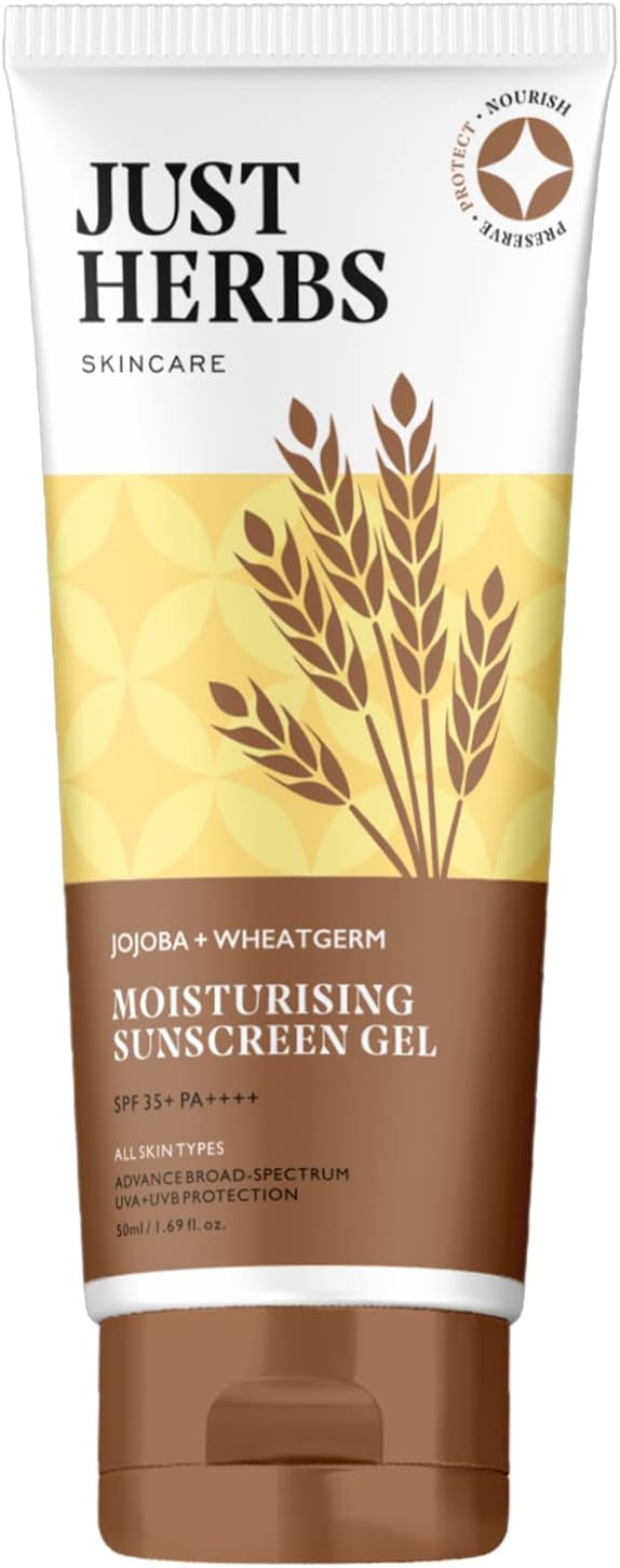 Just Herbs SPF 35+ Nosun Sunscreen Gel, Lightweight, Broad Spectrum PA 35++++ with Jojoba & Wheatgerm for Sun Damaged & All Skin Type for Men & Women- Paraben Free- 50ml