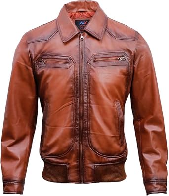 Mens Real Lambskin Leather Jacket - Classic Vintage Bomber Style Shirt Collar leather Jackets For Man