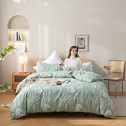 Janzaa Queen Sage Green 3 Pcs Bedding Sets Floral Plant Flowers Printed On Fluffy Comforter For All Season #TOP2