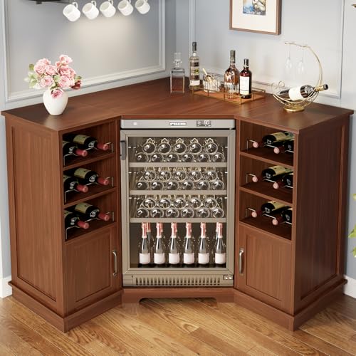 HSH Walnut Corner Bar Cabinet with Mini Fridge Space
