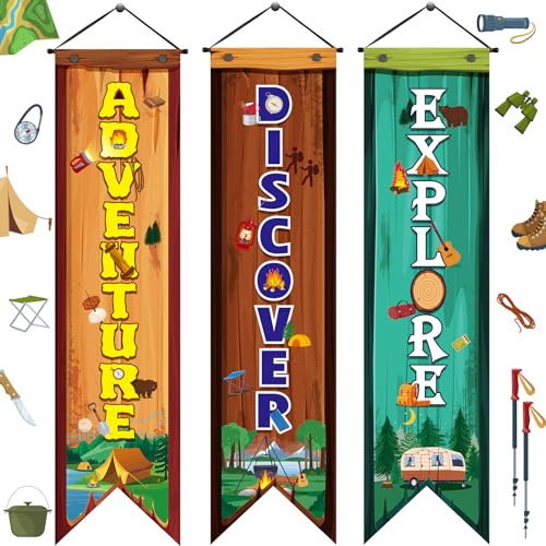 Image of Chiisong 3 Pcs Camping Banners Party Decorations Camping Porch Sign Camper Adventure Door Banners Wall Decor for Camper Adventure Theme Birthday Celebrating Baby Shower Classroom Decorations