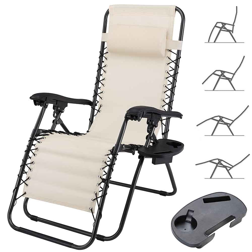 BAKAJI Sedia gravità Zero Sdraio da Giardino Poltrona Relax Pieghevole Salvaspazio con Vassoio Tubolari Acciaio 22mm Reclinabile Tessuto in Texilene Traspirante Terrazzo Piscina Esterno (Beige)