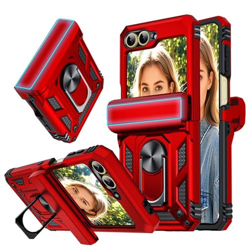 LeYi for Galaxy Z-Flip 6 Case with Hinge Cover, Military Grade Protection Android Cellphone Case Cover with Magnetic Ring Kickstand for Samsung Z Flip 6 Women Men, Red